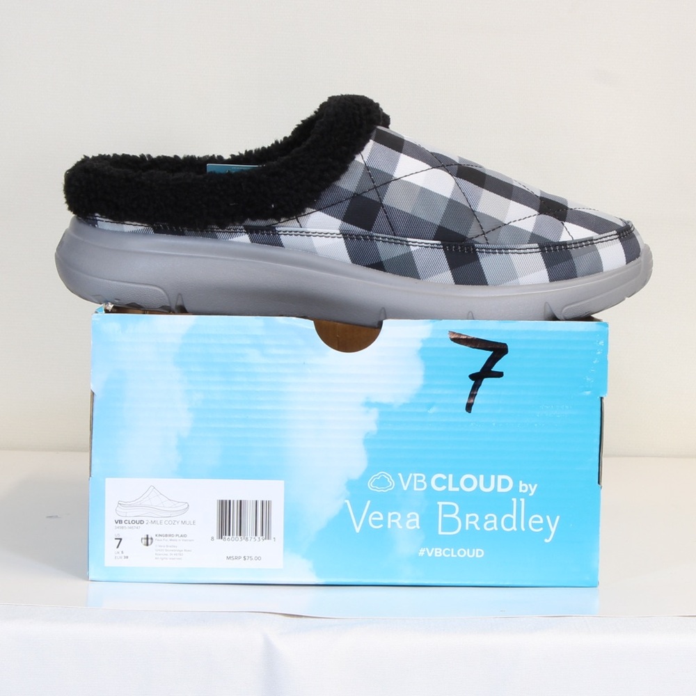VB Cloud by Vera Bradley Black White Grey Kingbird Plaid 2 Mile Mules NWT